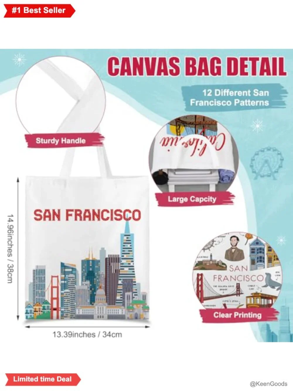 12 Pack Canvas Tote Bags San Francisco Souvenir Reusable Grocery Bags